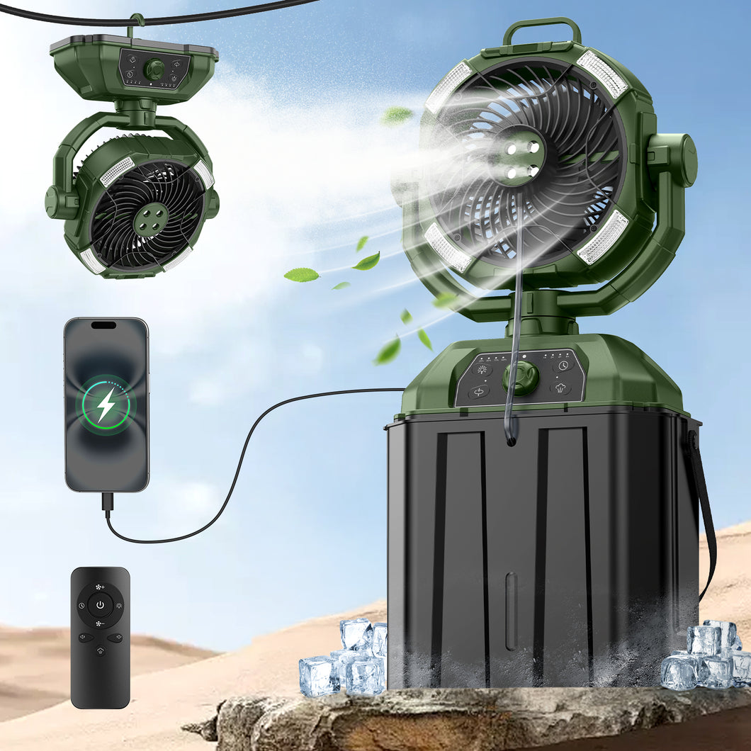 Unique Design Misting Fans Protable 2025 3 LED Light Outdoor Fans for Patio 6L Bucket Humidifier Spray 20000mAh Last Long Battery Powered Cooling Fan w Infinite Speed Fan Design & 4 Misters - Green