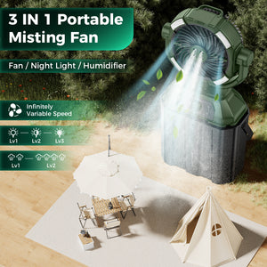 Unique Design Misting Fans Protable 2025 3 LED Light Outdoor Fans for Patio 6L Bucket Humidifier Spray 20000mAh Last Long Battery Powered Cooling Fan w Infinite Speed Fan Design & 4 Misters - Green